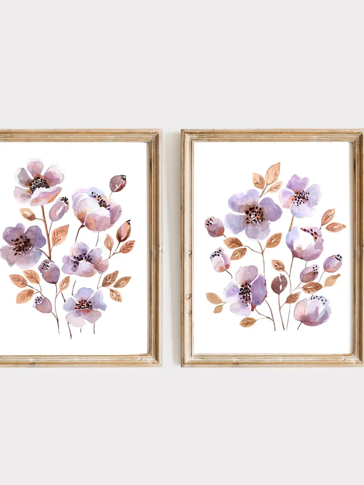 Purple Flowers Print, Watercolor Art Set Of 2, Farmhouse Decor ,Purple Wall Decor Print,Floral Wall Art, Flowers Decor, Purple Flowers Art