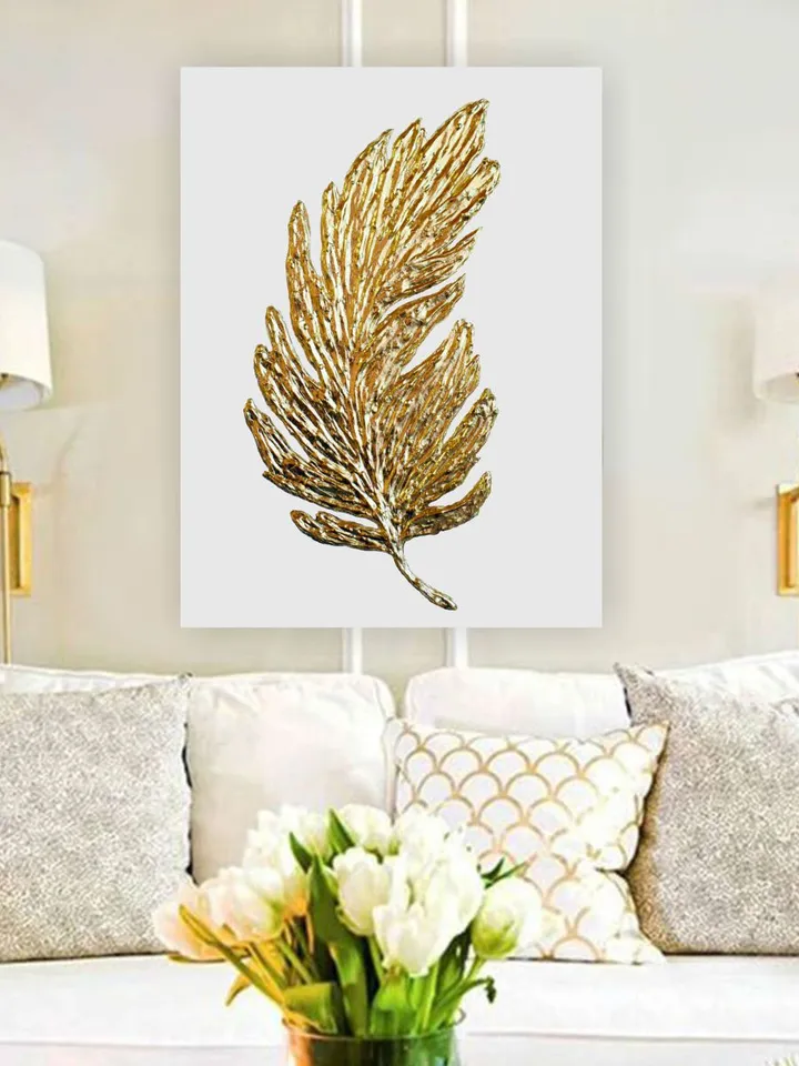 Gold Feather Abstract Painting Modern wall decor Gold and White Wall Art on canvas Textured Artwork