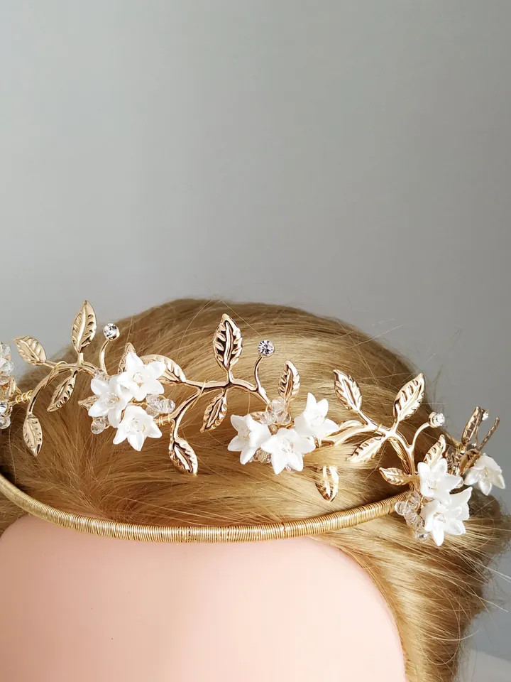 Gold Bridal Earrings Porcelain Flowers Boho Wedding earrings Bohemian Statement Wedding Earrings Bridesmaid Earrings Chandelier Earrings