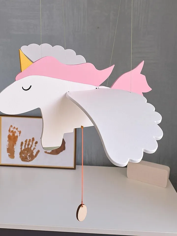 Handmade Wooden Unicorn Mobile – Flying Pink Unicorn Toy for Nursery or Kids Room, Eco-Friendly Decor, Cute Gift for Girls or Babies
