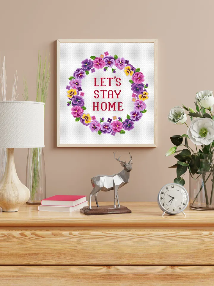 Flower wreath cross stitch pattern Lets Stay Home download PDF, Framed quote cross stitch chart, Floral border cross stitch, Home decor #Q6