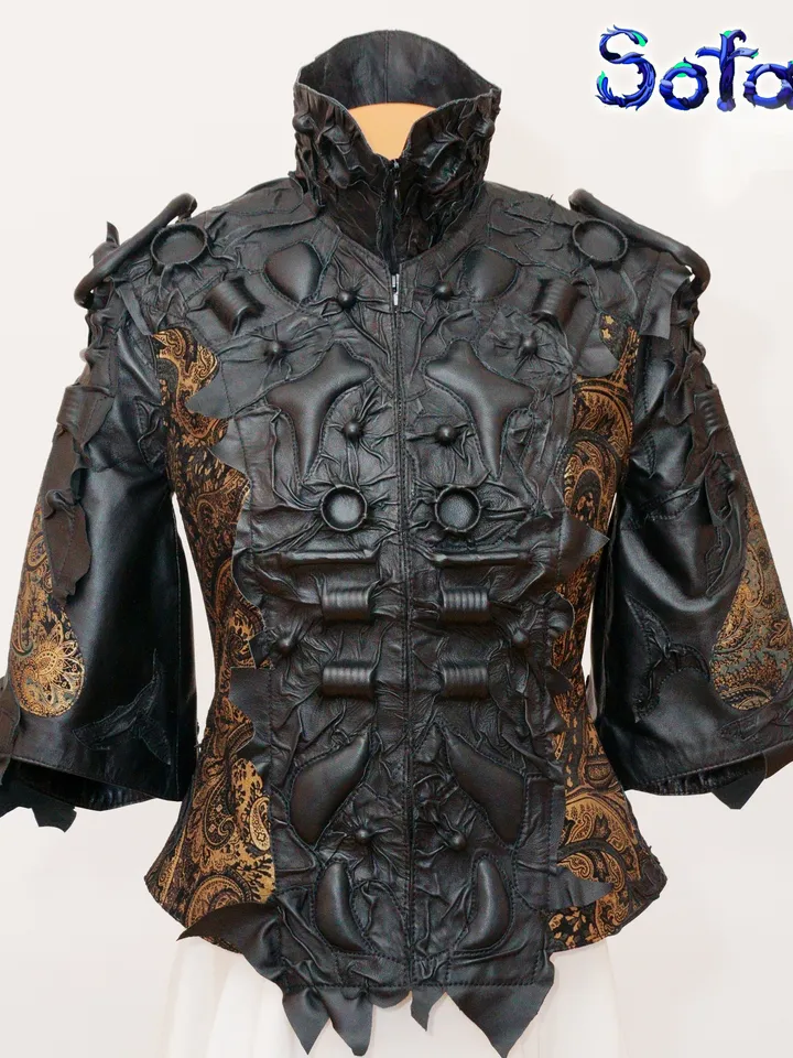 The unique genuine leather jacket 3/4 sleeves, wide bracelets, collar, cyberpunk style by Sofalee. The real leather coat