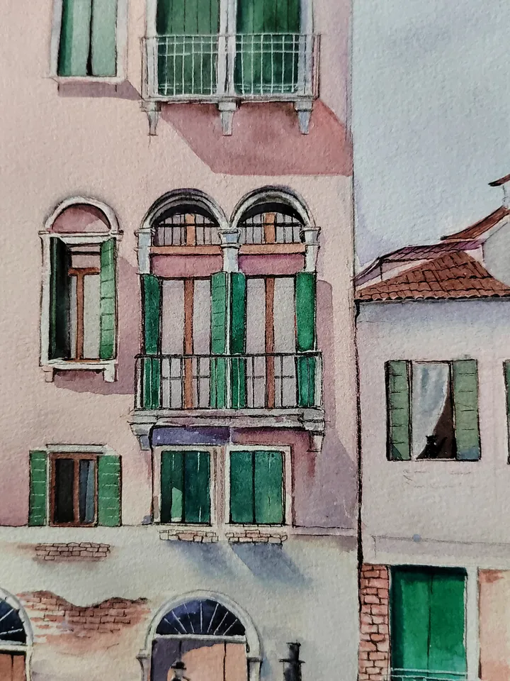 Original Watercolor Painting Urban Landscape Art Pink House Artwork House on Venetian Canal Picture 30x40 cm by SoftWaves