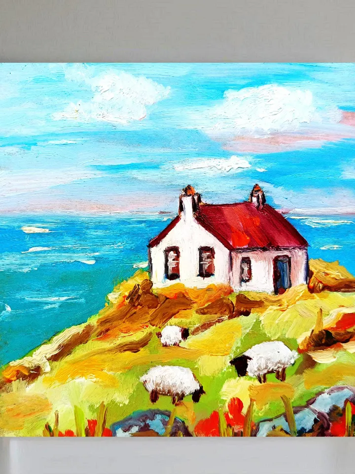 Ireland Painting Irish Cottage Original Art Sheeps Painting Landscape Impasto Oil Painting Farm Small Impressionist Art by ArtProkopaloSv