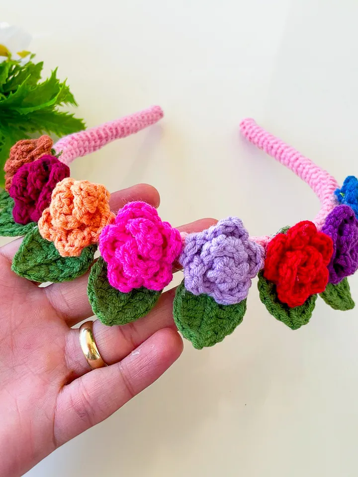 Colourful Crochet Rose Headband Design - Crochet Hair Bow Clip For Kids - Natural Headband Quick Pattern - Flower Baby Headbands