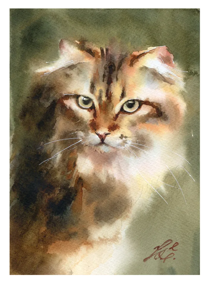 Red cat Original watercolor painting by Yulia Evsyukova