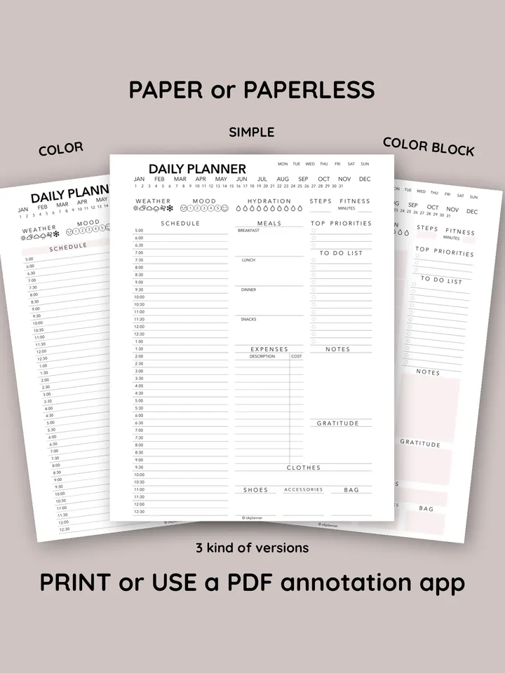Daily Planner Template with Half-Hour Schedule, Menu, Expenses, To-Do, Outfit, Weather, Mood, Fitness, and Hydration. Trackers for Housewives, Working Moms, and Students. Daily agenda.
