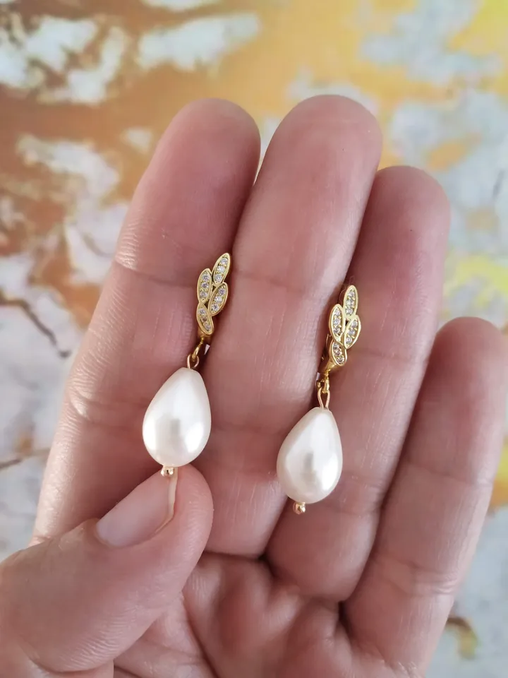 Pearl Gold Boho Wedding Earrings, CZ Boho Bridal Earrings, Statement Wedding Jewelry, Vintage Wedding Earrings, Rose Gold Teardrop Earrings