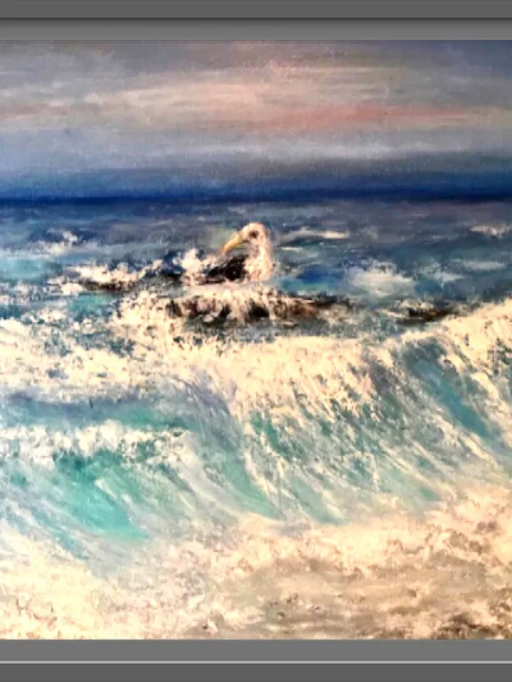 Seascape and a seagull oil painting hand made,waves,stones and a beach.Stretched canvas. Size 50/70 sm,27.5/19.6 inches.