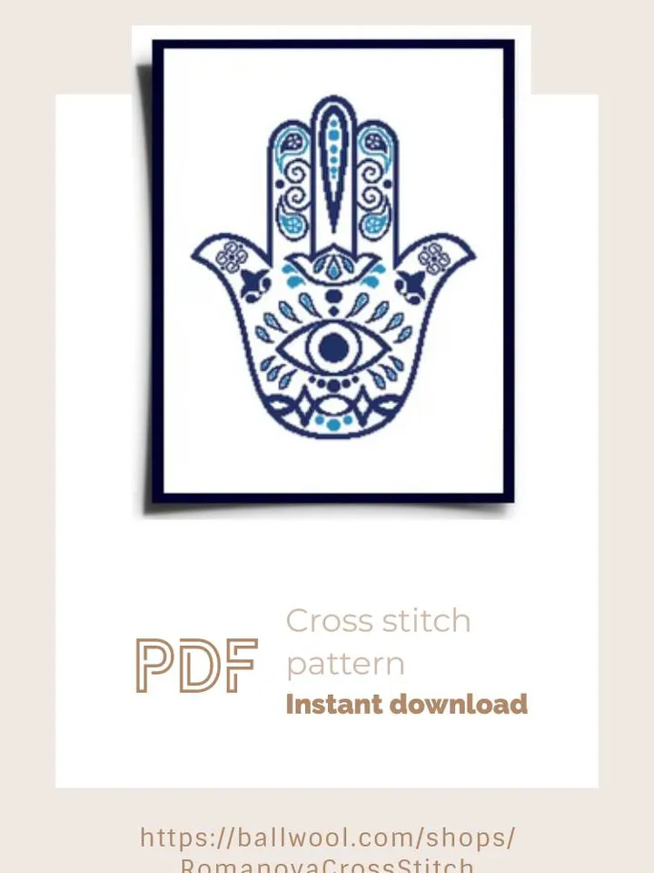 Blue Hamsa cross stitch PDF pattern, Yoga embroidery, Instant download