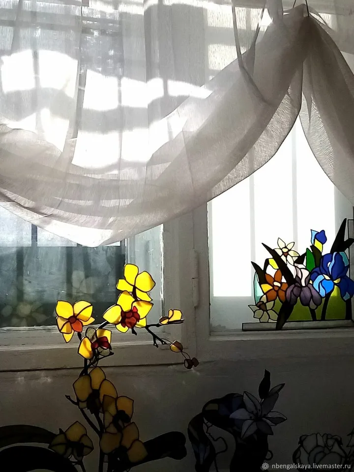 Yellow Orchids Stained Glass. Bouquet in Tiffany Technique, Yellow Orchids. Bouquet in Tiffany Stained Glass Technique, Stained Glass Yellow Orchids, Bouquet in Tiffany Stained Glass Technique