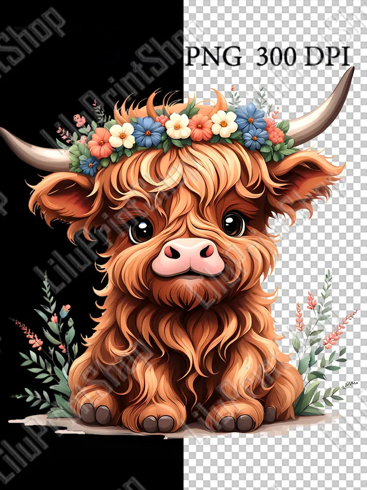 Baby Highland cow png for sublimation, Cute fluffy cow clipart overlay, digital instant download