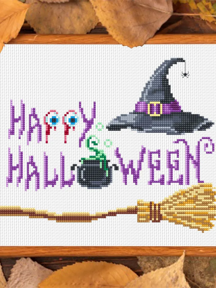Happy Halloween cross stitch pattern PDF download Witch cross stitch chart, Halloween pattern digital PDF Witch hat Halloween embroidery #H3