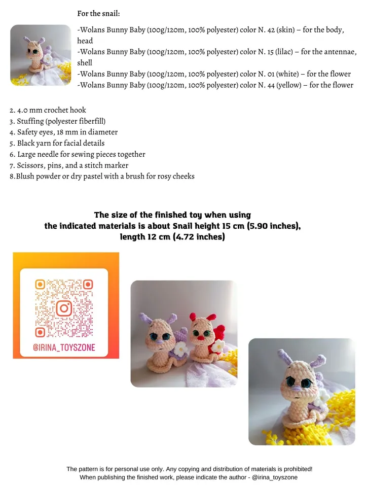 Crochet pattern snail amigurumi PDF file in ENG