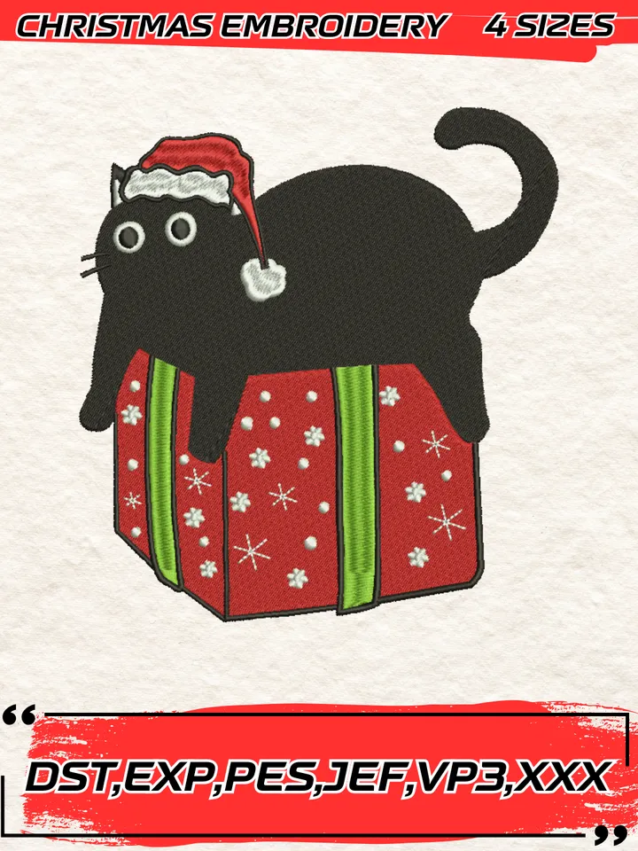 Black Cat Christmas Embroidery Design,Christmas Embroidery Design,4 Sizes, Digital Download #3