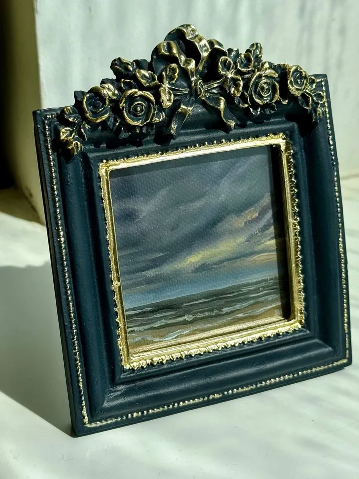 Small Landscape Oil Painting Framed Original Dark Clouds Antique Ocean Art Coastal Antique Frame Tiny Paintings 4 x 4 Art Victorian artwork