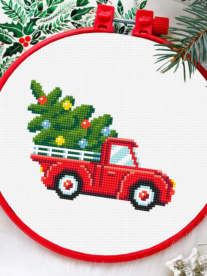 Christmas red truck cross stitch pattern PDF download Small Christmas cross stitch chart, Christmas digital pattern PDF for beginner #N142