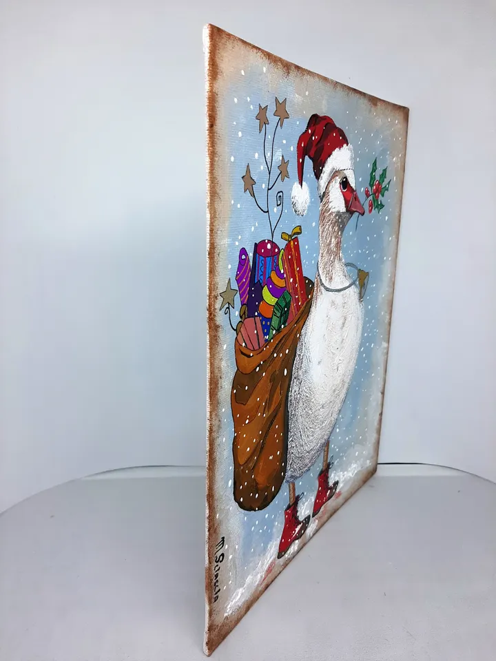 Goose Santa Claus original acrylic on a canvas board fantasy whimsical