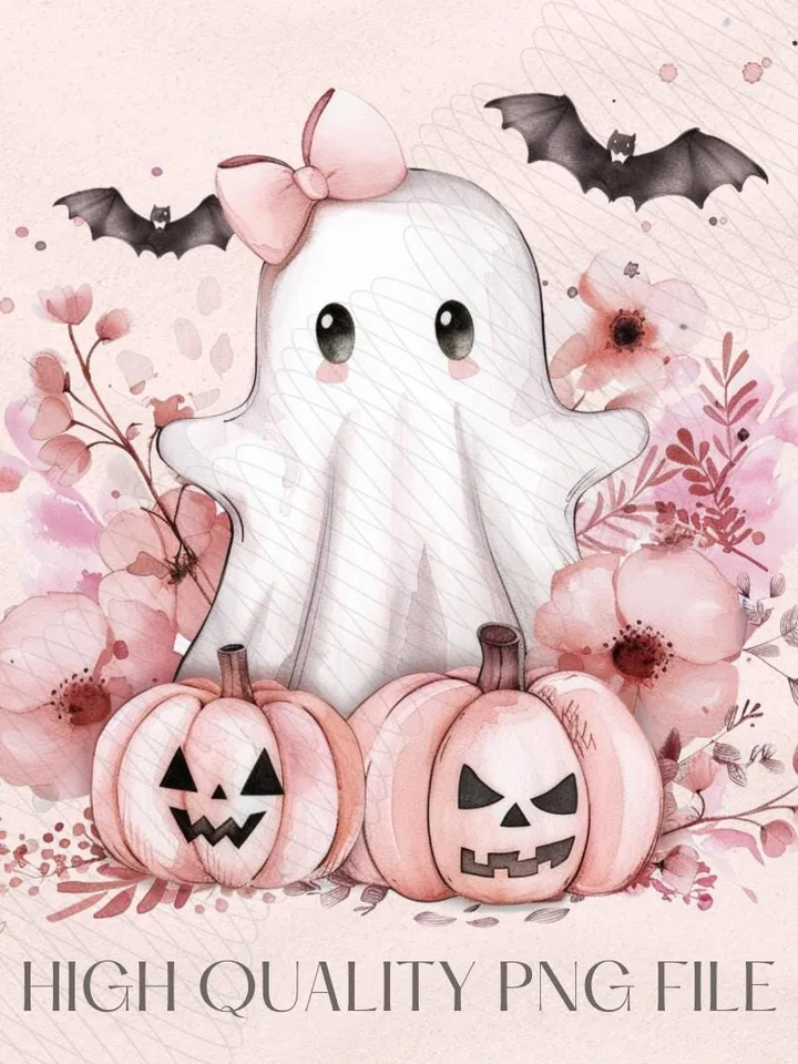 Pink Halloween PNG, Spooky Ghost, Autumn sublimation design, Fall PNG, Pumpkins, leaves PNG, Watercolor Sublimation, Coquette Pink Ghouls