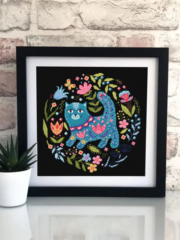 Floral cat cross stitch pattern PDF download Scandinavian folk cross stitch chart, Nordic cross stitch Scandinavian ornament embroidery #K20