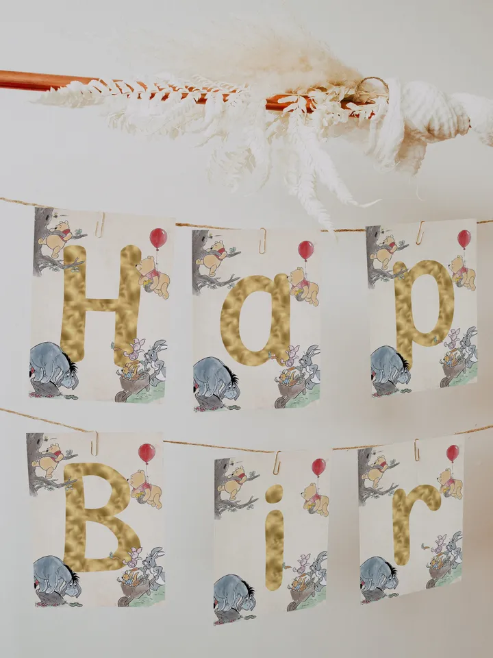 Happy Birthday Banner Winnie the Pooh Birthday Party; Winnie Pooh 1st Birthday Editable Birthday Banner Birthday Party Decoration Pooh Wpg13