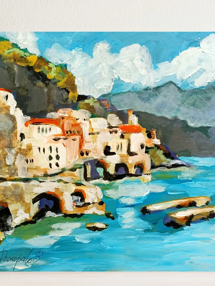 Positano Painting Italy Original Art Amalfi Coast Impasto Oil Painting Mountain Artwork by ArtProkopaloSv