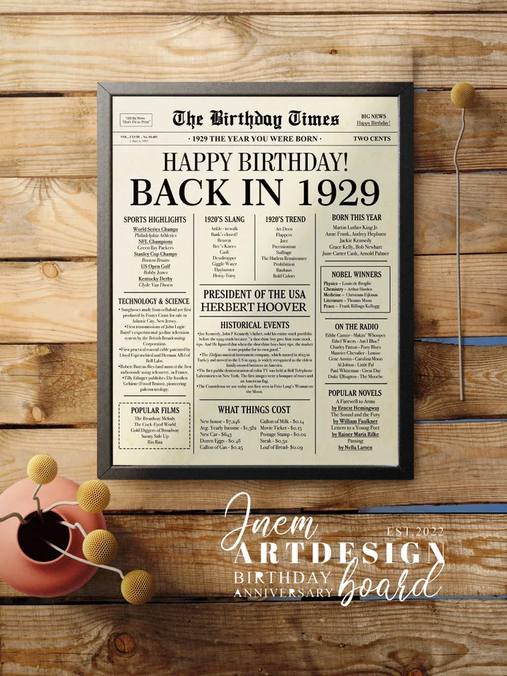 1929 poster, 96th birthday newspaper sign, 1929 birthday poster INSTANT DOWNLOAD, 96 years ago back in 1929, 96th birthday decorations
