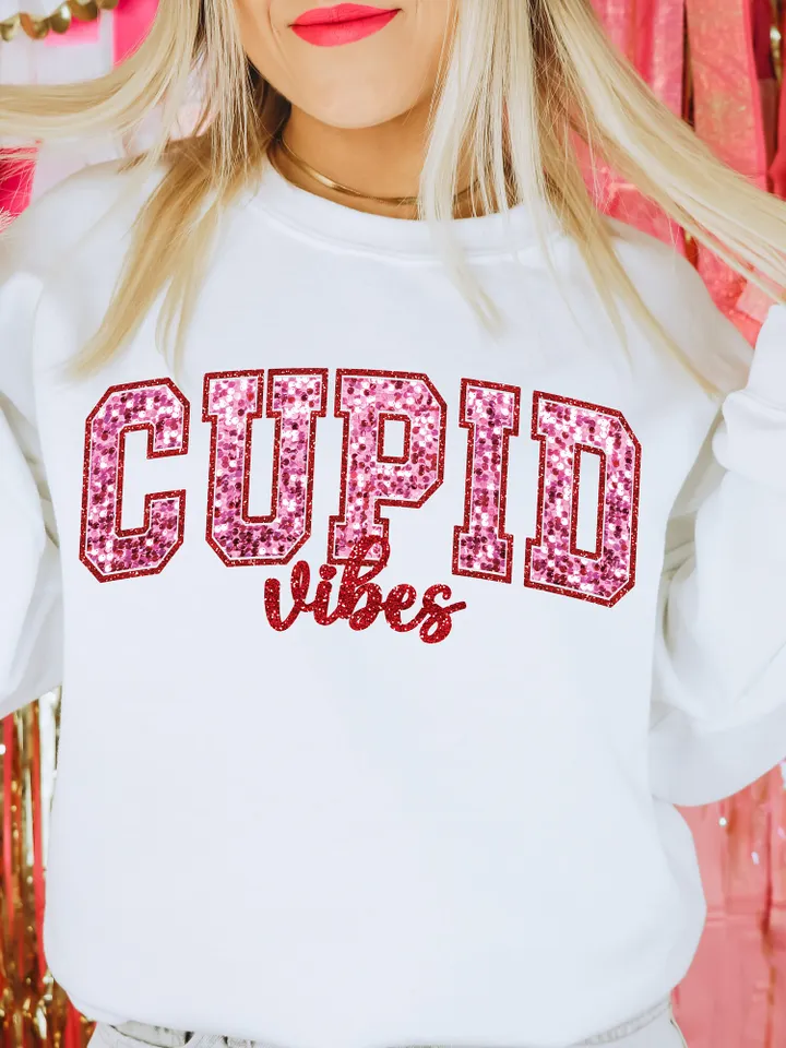 Faux Sequin Cupid Vibes Valentines Sublimation Design, Valentine’s Day Digital Design, Cupid PNG, Love, Valentines, trendy pink vday