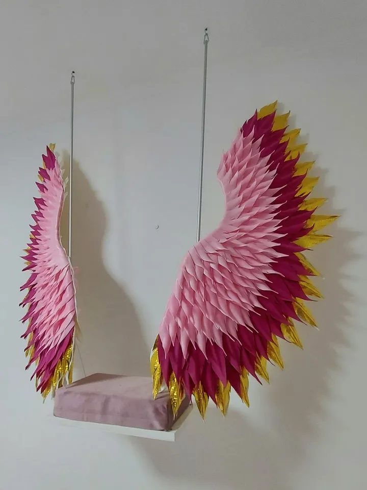 Handmade swing, hanging swing, Large angel wings, fuchsia and gold wings, winged swing,  Party Background nursery decor