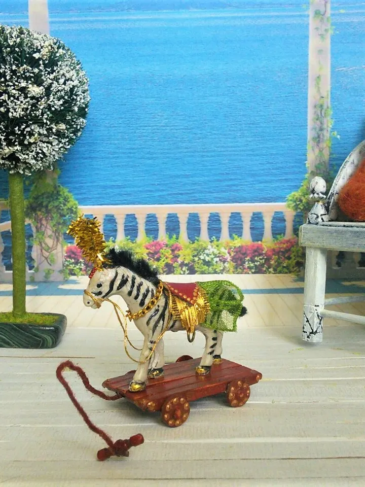 Zebra on Wheels.Toy for a doll. Dollhouse miniature.1:12 scale.