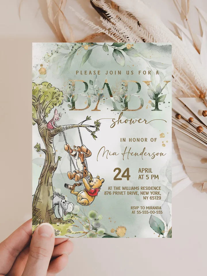 Classic Winnie Pooh Baby Shower Invitation; Neutral Baby Shower Template; Wizard Baby Shower Invite; Honey Bear Invite; Winnie Pooh pg123
