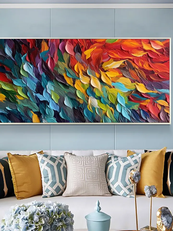 Original Colorful Feathers Oil Painting On Canvas, Large Wall Art, Abstract Colorful Painting, Custom Painting, Living room Home Wall Decor