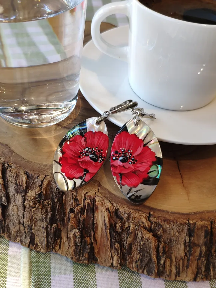 Pearl earrings: Red poppies on shell earrings. Aesthetic handmade floral design. Hand painted stylish jewelry gift with big red flower.