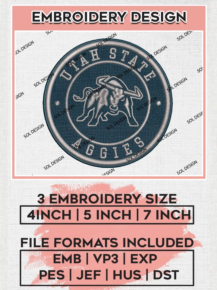 NCAA Utah State Aggies Round Logo Embroidery, NCAA Utah State Logo Embroidery files, NCAA Teams, Machine embroidery designs, Digital Download