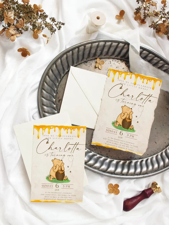 Winnie the Pooh Inspired First Birthday; Classic Winnie Pooh Invitations; Our Little Hunny is Turning One; Winnie Pooh Birthday Party Theme