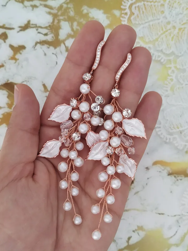 Rose Gold Long Pearl Wedding Earrings, Leaf Boho Wedding Earrings, Boho Bridal Earrings, Statement Chandelier Earrings, Floral Earrings,