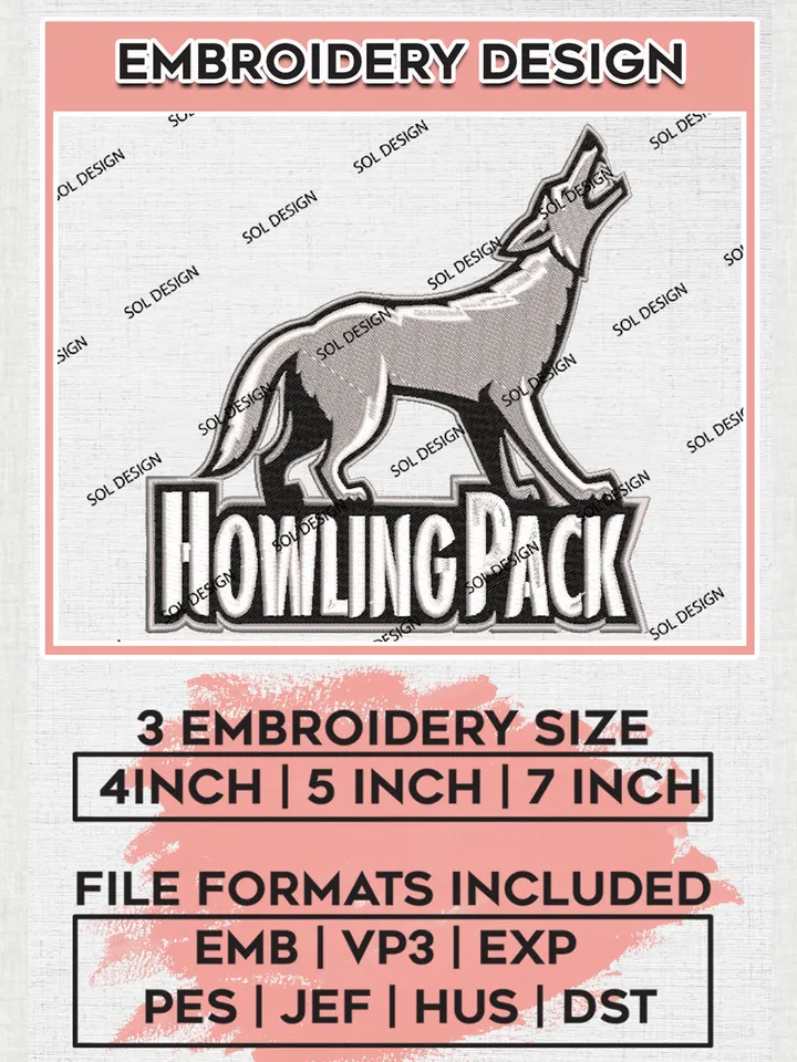 NCAA Howling Pack Team Logo Embroidery Design Files, NCAA South Dakota Coyotes Machine Embroidery, NCAA Teams, Game Day, 3 sizes, NCAA Machine embroidery designs, Digital Download