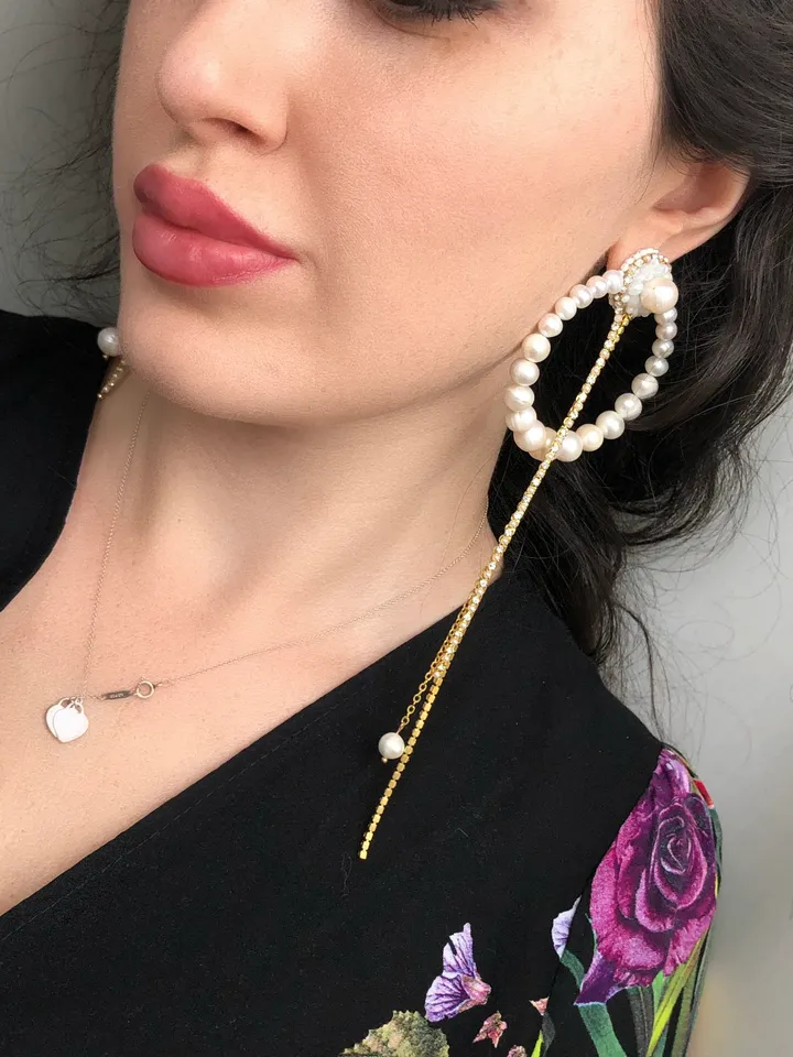 Wedding Natural Pearl Asymmetric Hoop Earrings