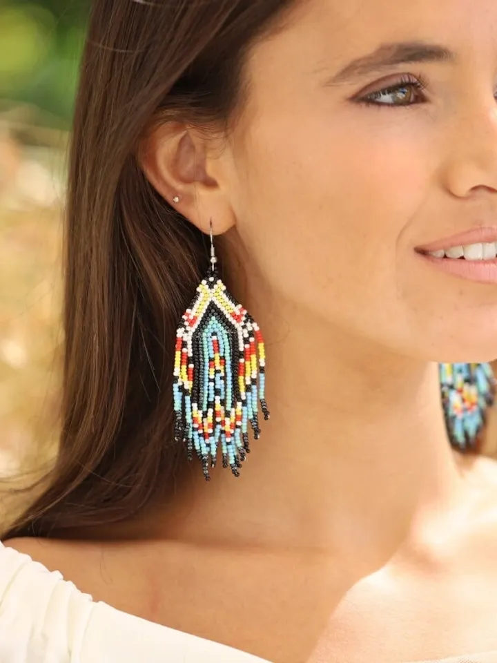 Blue Boho Wedding Earrings, Long Beaded Fringe Earrings, Chandelier Statement Bridal Earrings, Tassel Earrings, Bohemian Statement Jewelry,