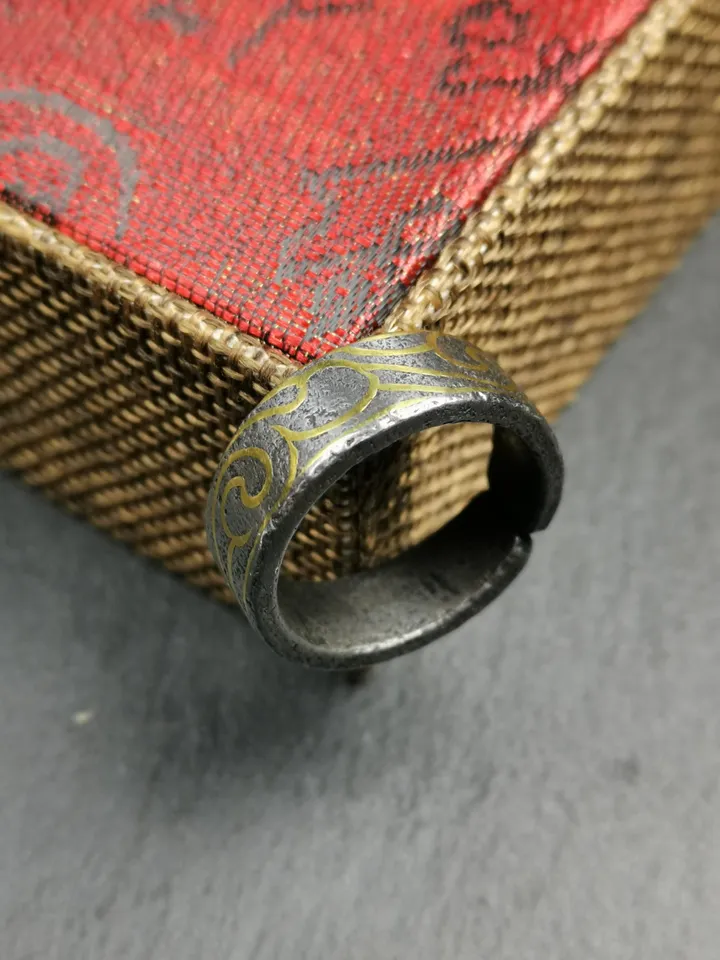 Gandhanra Unique Tibetan Cloud Pattern Ring | Cold Iron & Copper Inlay | Adjustable US Size 10 | Protection Jewelry