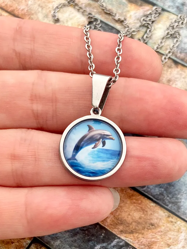 Dolphin necklace, steel pendant with glass, Dolphin lover gift