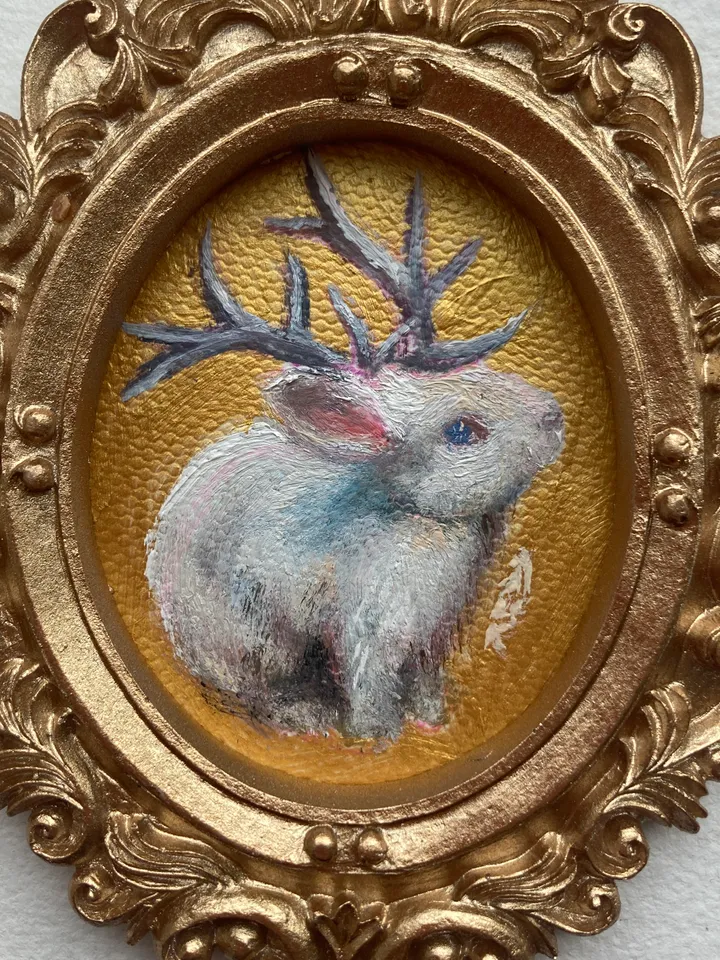Jackalope Painting Small Original Framed Art Cryptid Gifts Mini Gold Framed Decor, Fairy Creatures Art, Tiny Art Whimsigoth Decor