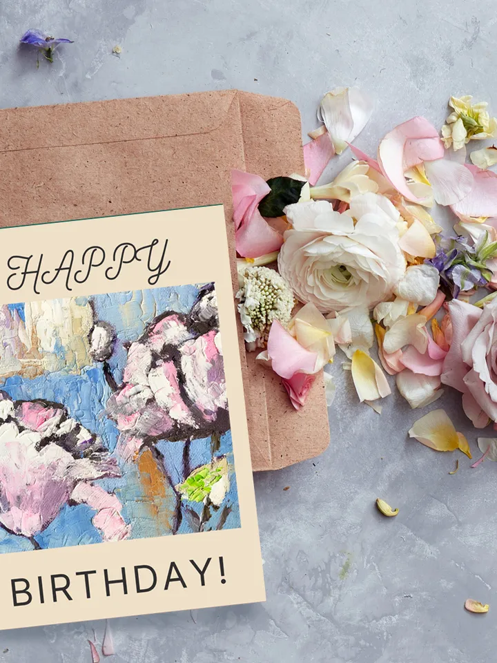 Printable Flower Card, Happy Birthday Card, Digital Greeting card, Hand Painted Abstract Floral Painting Birthday E-Card