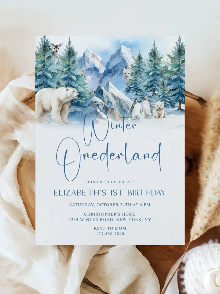 Winter Onederland 1st Birthday Invitation, Snow Woodland 1st Birthday Invite, Winter Onederland, Printable 1st Birthday Invitation - i131