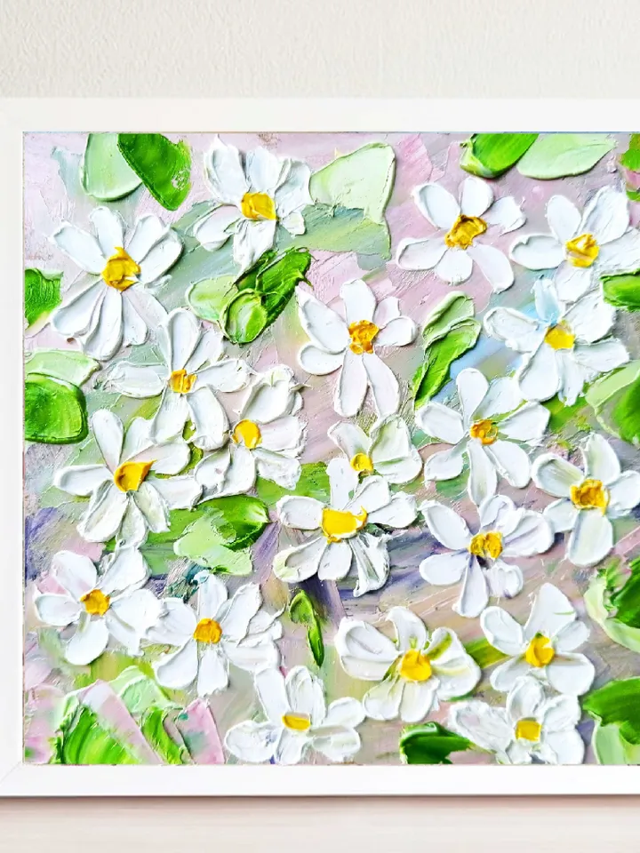 Daisy Painting Chamomile Original Fine Art Flowers Blossoms Wall Art Decor Floral Impasto Artwork Meadow Art Gifts by ArtProkopaloSv