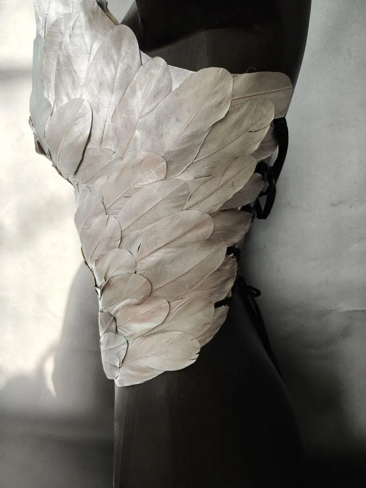 silver corset with feathers, cuirass, feather plate