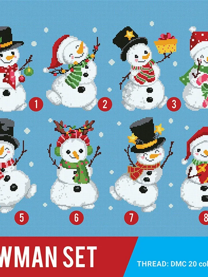 Christmas Snowman bundle of 8 cross stitch pattern, Xmas Snowflake, Holiday Décor, counted, chart, gift DIY, embroidery, instant PDF
