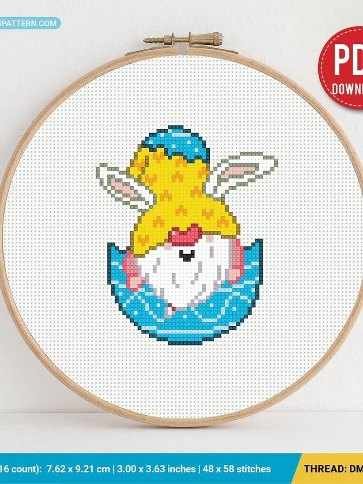 Easter Gnome Bunny Cross stitch pattern, contemporary, Happy Easter, beginner counted, modern chart, gift DIY, embroidery, instant PDF