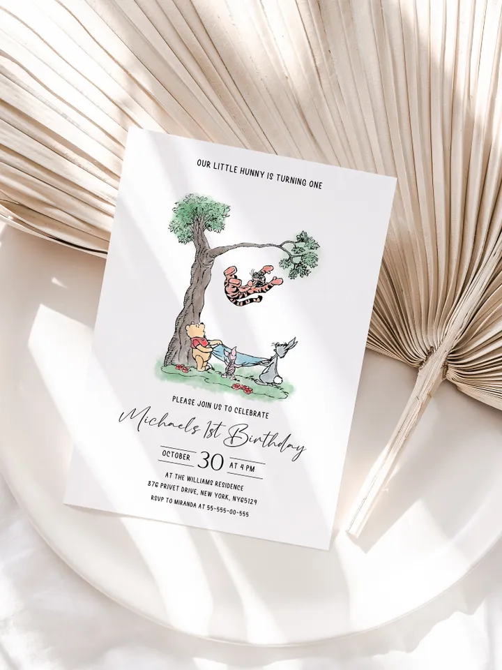 Winnie the Pooh Inspired First Birthday; Classic Winnie Pooh Invitations; Neutral Winnie Pooh Turning One; Winnie Pooh Birthday Party Theme