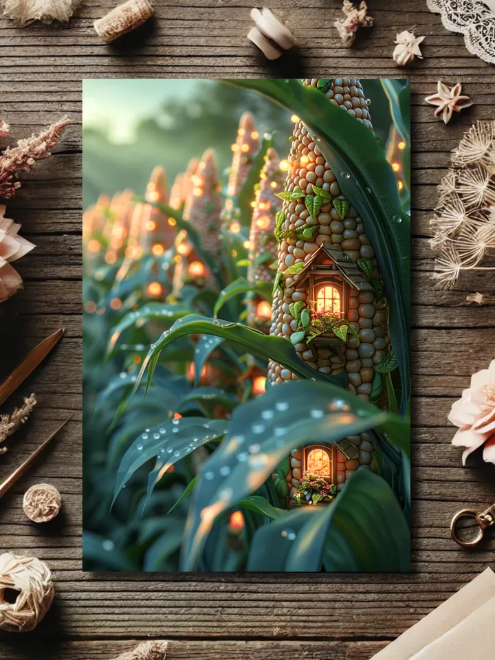 Set of 6 Enchanted Fairy and Mythical Creature House Postcards – Fantasy Art Collection. Corn Houses